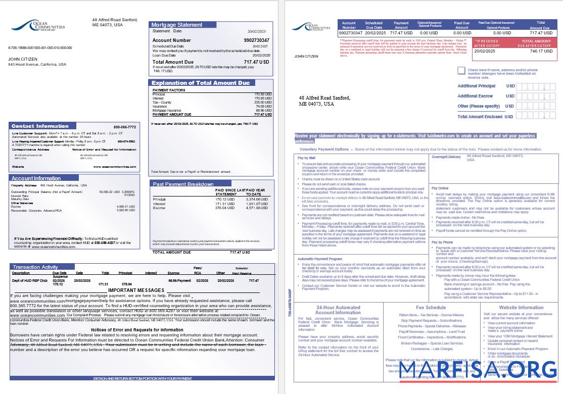 Realistic USA Maine Ocean Communities Federal Credit Union bank mortgage statement in Word and PDF formats, 3 pages sample